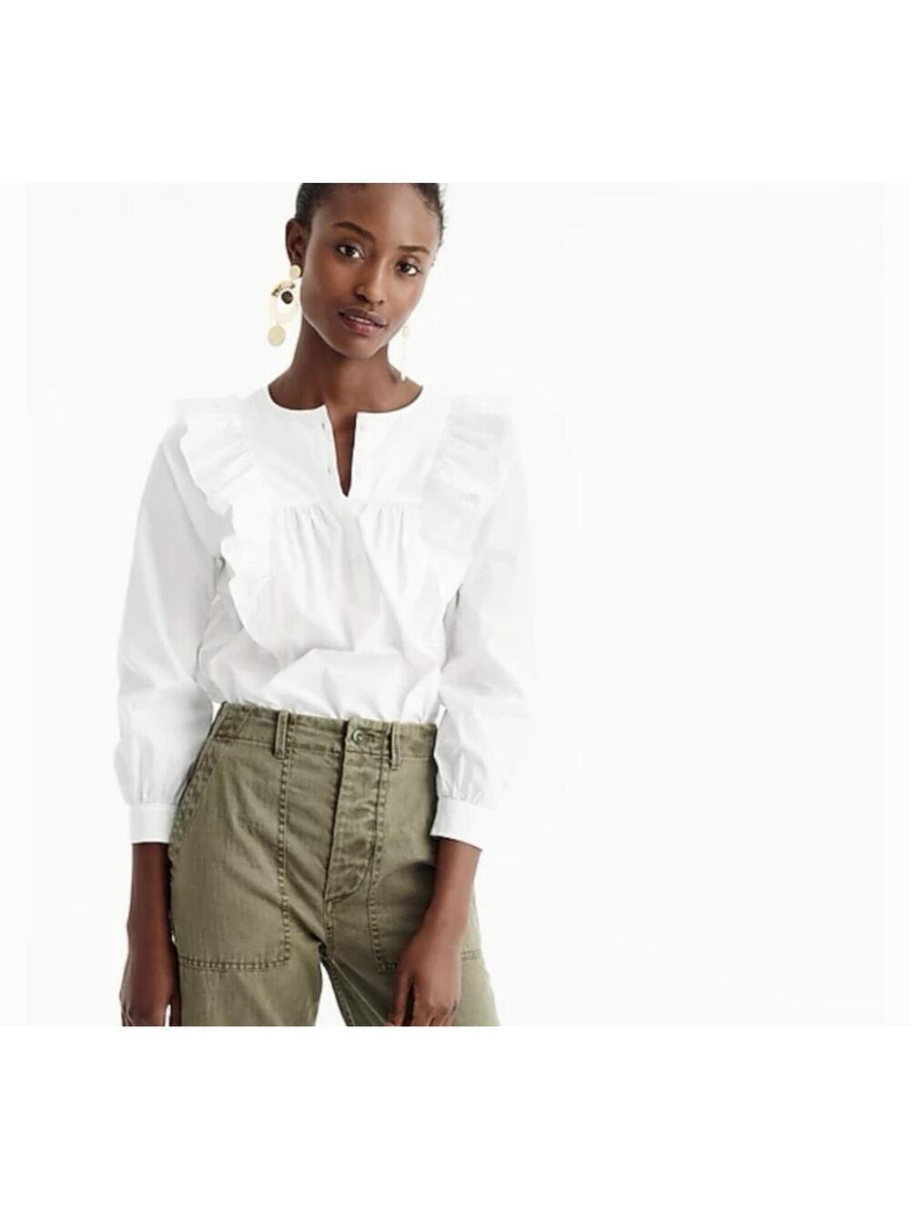 J.CREW Women’s Cotton Astrid Ruffle-Front Blouse In White-Size 00